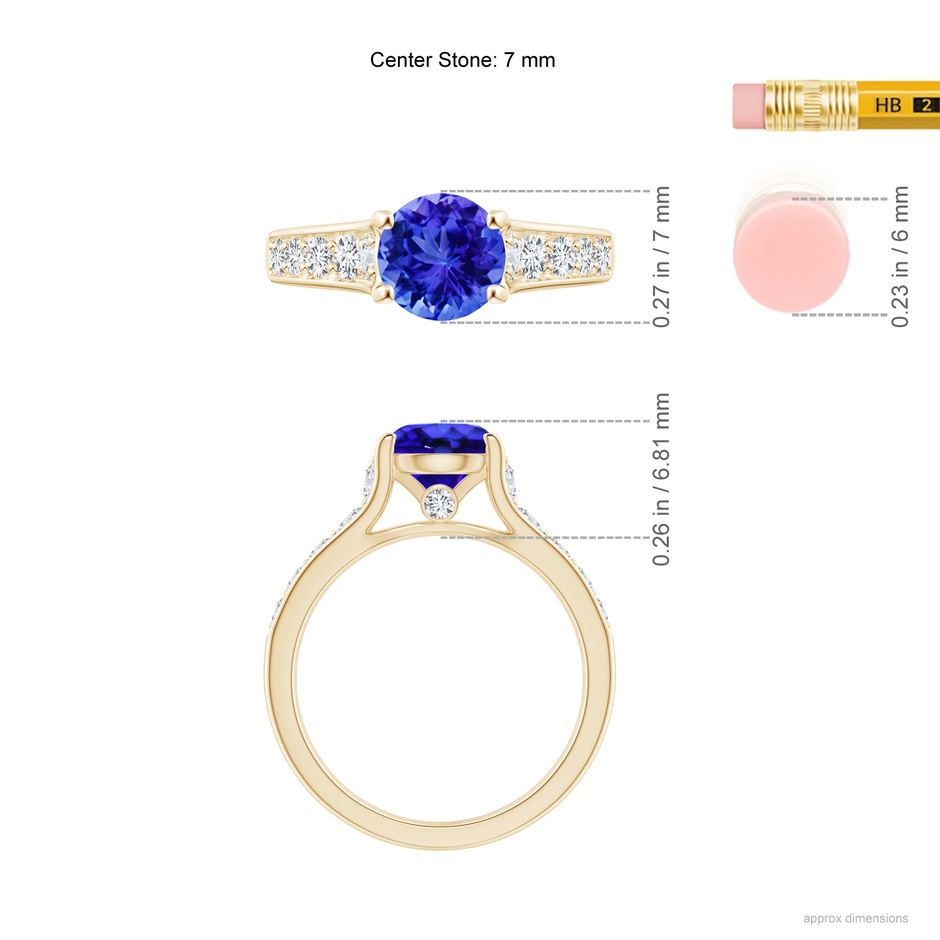 7mm AAA Round Tanzanite Tapered Shank Solitaire Engagement Ring in Yellow Gold ruler