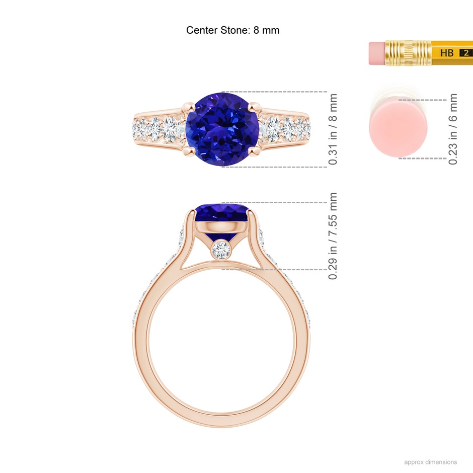 8mm AAAA Round Tanzanite Tapered Shank Solitaire Engagement Ring in Rose Gold ruler