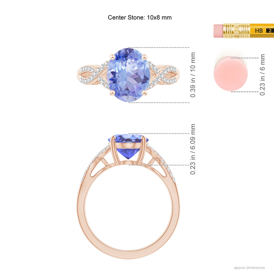 10x8mm A Oval Tanzanite Infinity Shank Engagement Ring with Diamonds in Rose Gold ruler