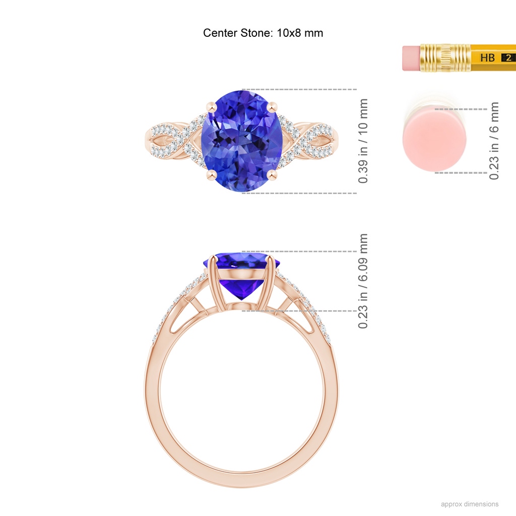 10x8mm AAA Oval Tanzanite Infinity Shank Engagement Ring with Diamonds in Rose Gold Ruler
