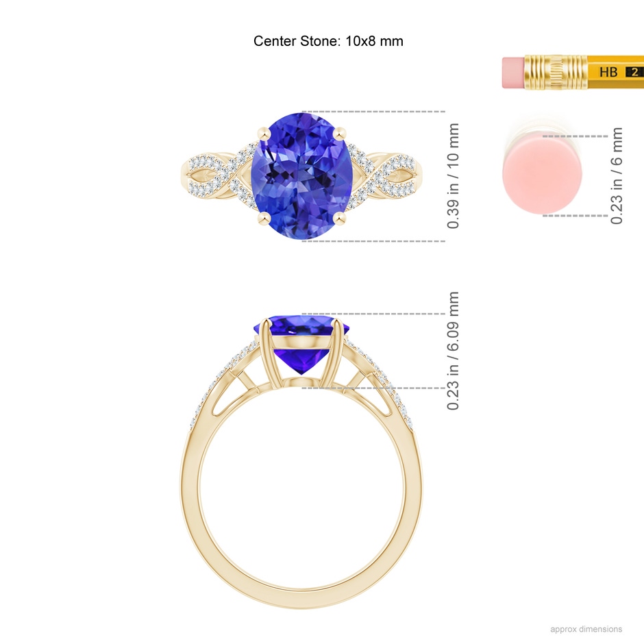 10x8mm AAA Oval Tanzanite Infinity Shank Engagement Ring with Diamonds in Yellow Gold ruler