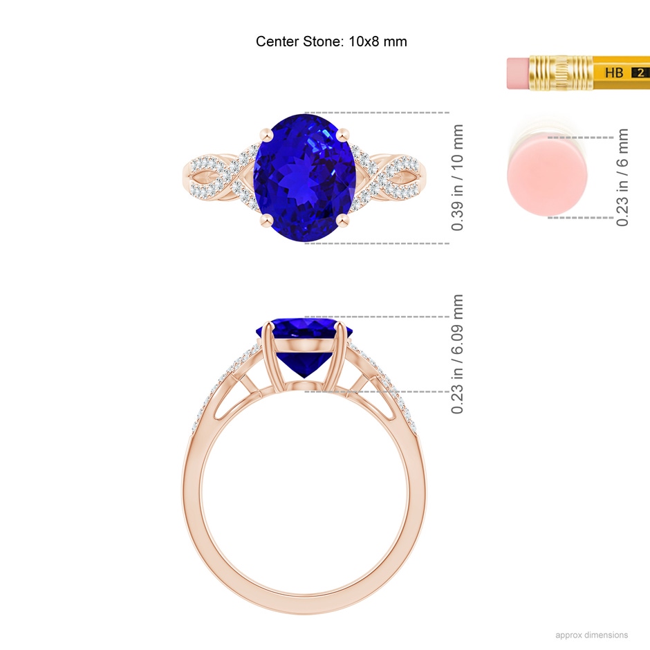 10x8mm AAAA Oval Tanzanite Infinity Shank Engagement Ring with Diamonds in Rose Gold ruler