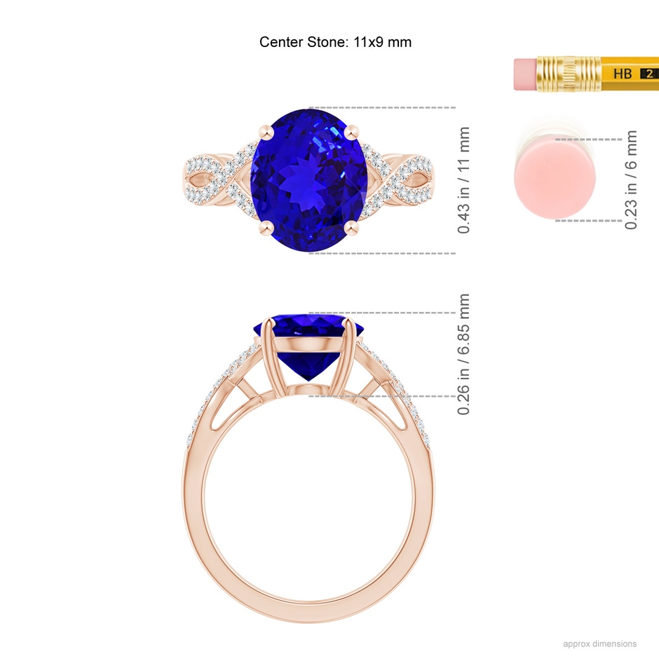 11x9mm AAAA Oval Tanzanite Infinity Shank Engagement Ring with Diamonds in Rose Gold ruler