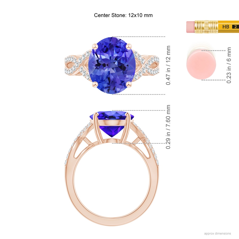 12x10mm AAA Oval Tanzanite Infinity Shank Engagement Ring with Diamonds in Rose Gold ruler
