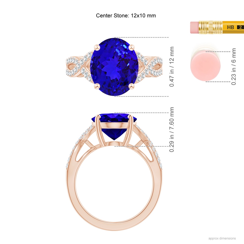 12x10mm AAAA Oval Tanzanite Infinity Shank Engagement Ring with Diamonds in Rose Gold ruler