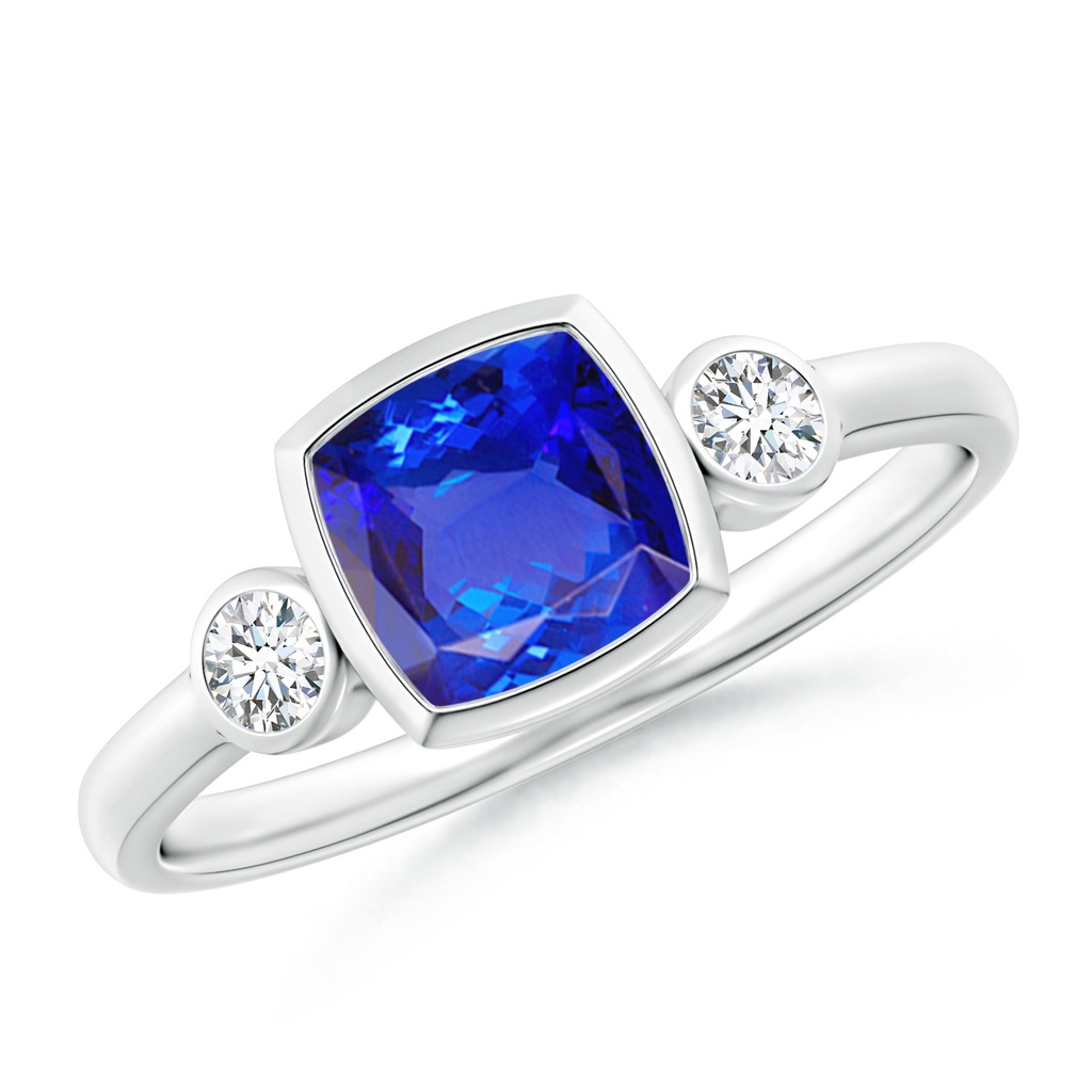 6mm AAA Classic Cushion Tanzanite and Round Diamond Three Stone Ring in White Gold