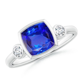 7mm AAA Classic Cushion Tanzanite and Round Diamond Three Stone Ring in White Gold