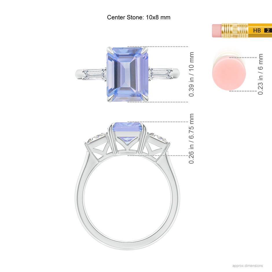 10x8mm A Emerald-Cut Tanzanite & Baguette Diamond Three Stone Ring in P950 Platinum ruler