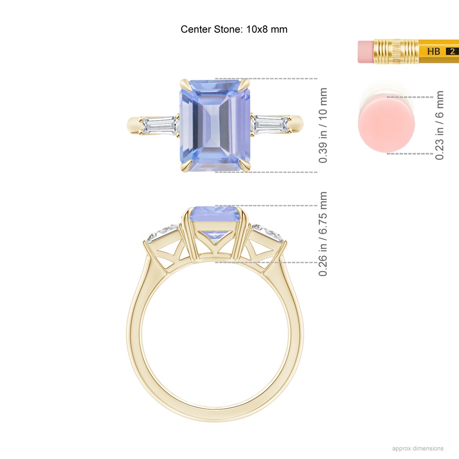 10x8mm A Emerald-Cut Tanzanite & Baguette Diamond Three Stone Ring in Yellow Gold ruler