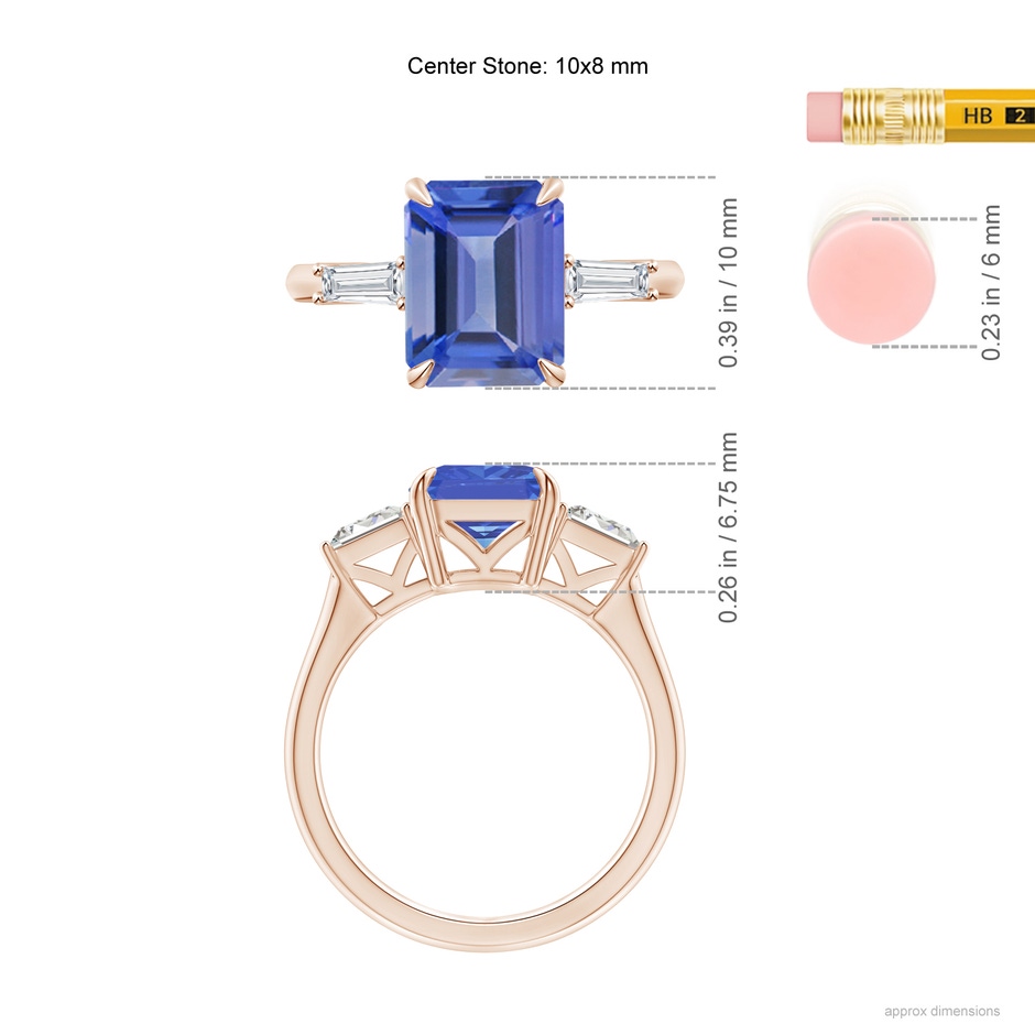 10x8mm AA Emerald-Cut Tanzanite & Baguette Diamond Three Stone Ring in Rose Gold ruler