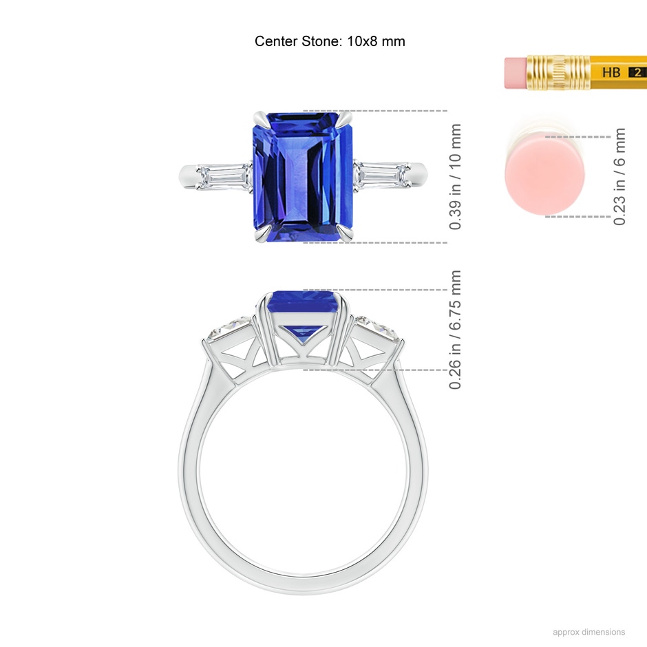 10x8mm AAA Emerald-Cut Tanzanite & Baguette Diamond Three Stone Ring in P950 Platinum ruler