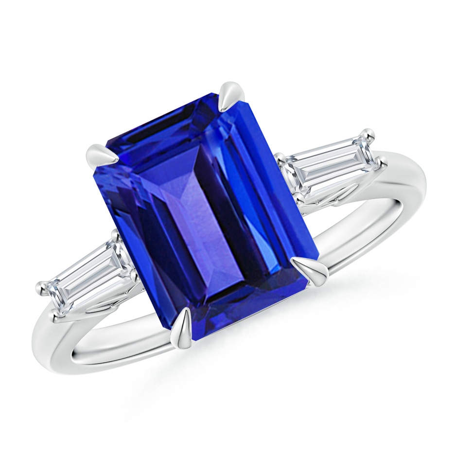 10x8mm AAAA Emerald-Cut Tanzanite & Baguette Diamond Three Stone Ring in P950 Platinum 