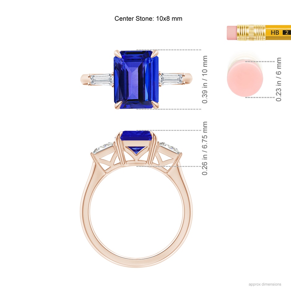 10x8mm AAAA Emerald-Cut Tanzanite & Baguette Diamond Three Stone Ring in Rose Gold ruler