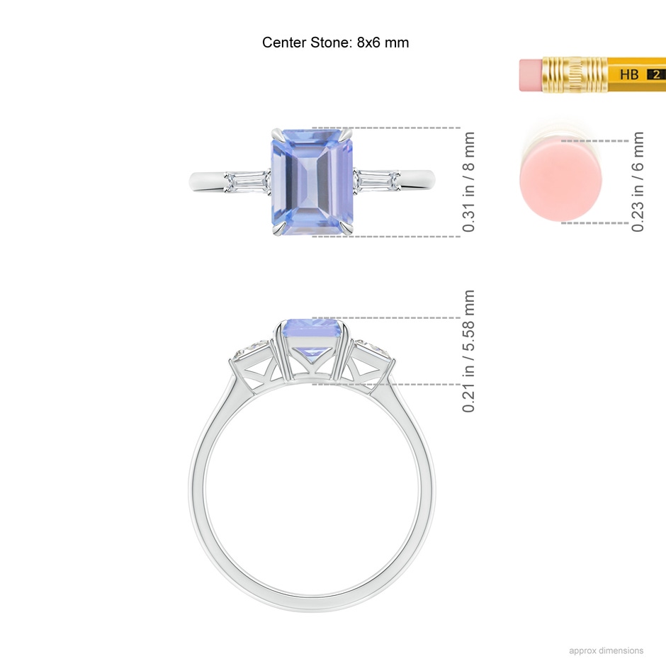 8x6mm A Emerald-Cut Tanzanite & Baguette Diamond Three Stone Ring in P950 Platinum ruler