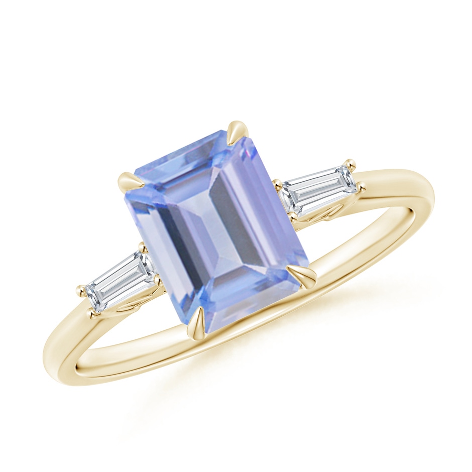 8x6mm A Emerald-Cut Tanzanite & Baguette Diamond Three Stone Ring in Yellow Gold 