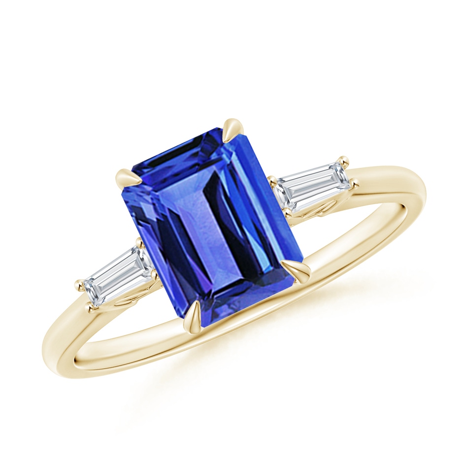 8x6mm AAA Emerald-Cut Tanzanite & Baguette Diamond Three Stone Ring in Yellow Gold 