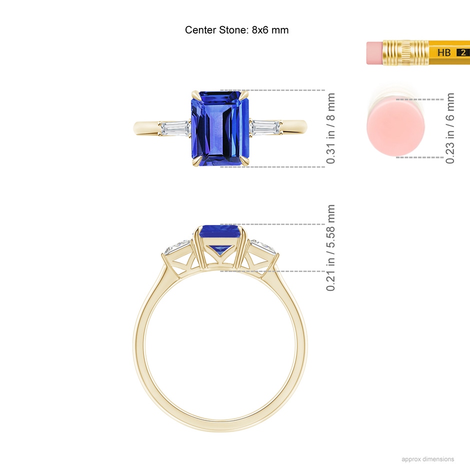 8x6mm AAA Emerald-Cut Tanzanite & Baguette Diamond Three Stone Ring in Yellow Gold ruler