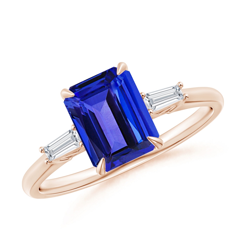 8x6mm AAAA Emerald-Cut Tanzanite & Baguette Diamond Three Stone Ring in Rose Gold 