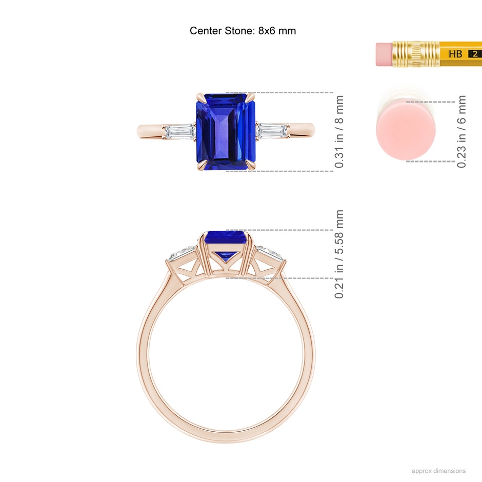 8x6mm AAAA Emerald-Cut Tanzanite & Baguette Diamond Three Stone Ring in Rose Gold ruler