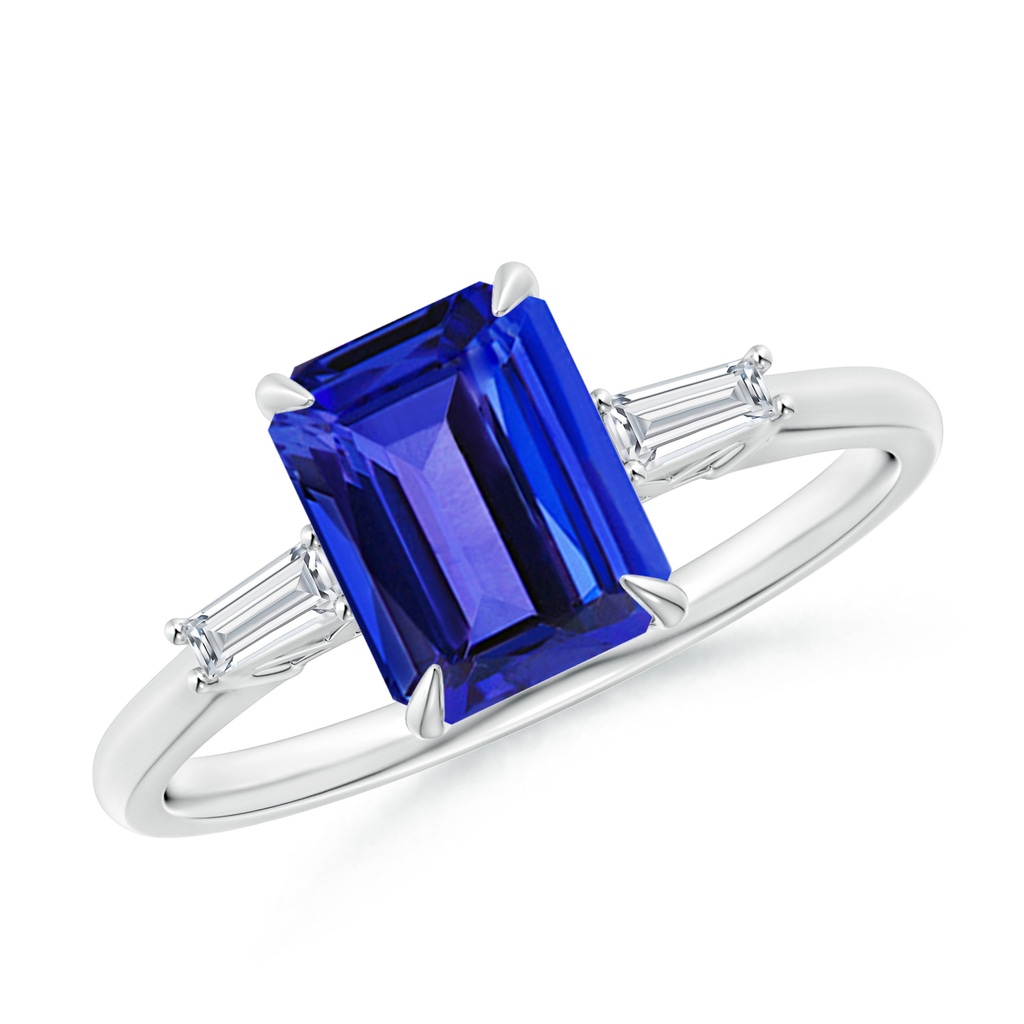 8x6mm AAAA Emerald-Cut Tanzanite & Tapered Baguette Diamond Ring in White Gold