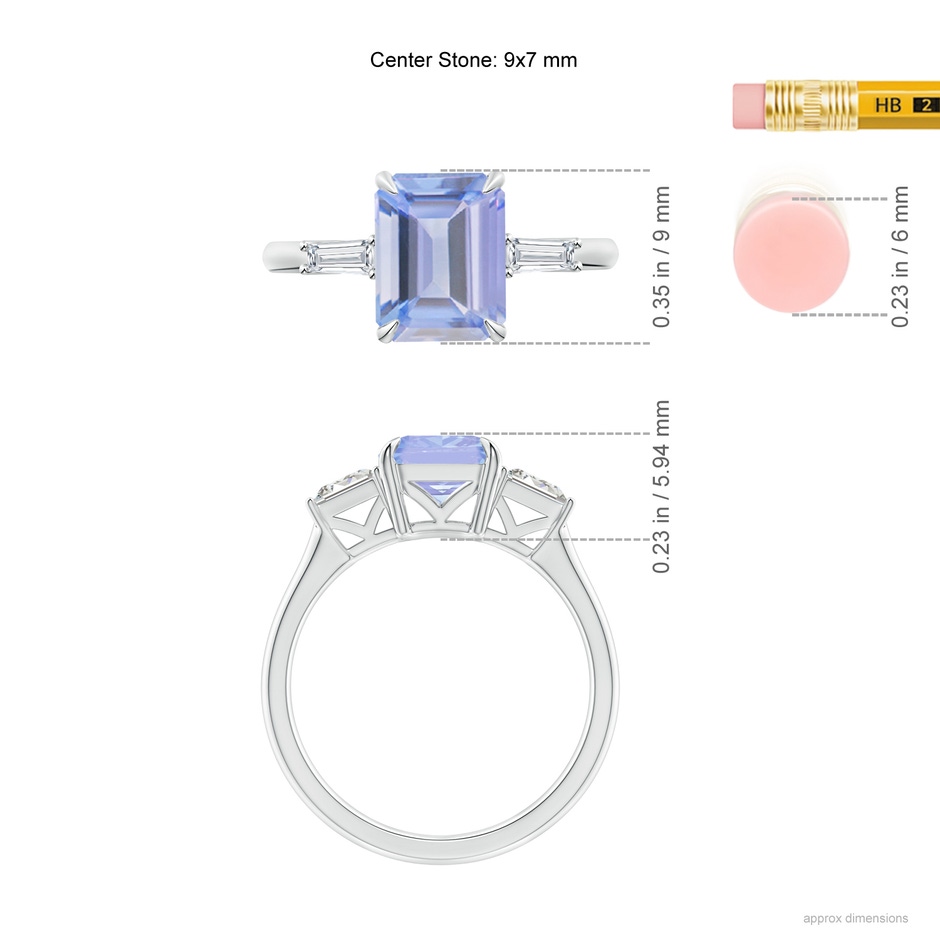 9x7mm A Emerald-Cut Tanzanite & Baguette Diamond Three Stone Ring in White Gold ruler