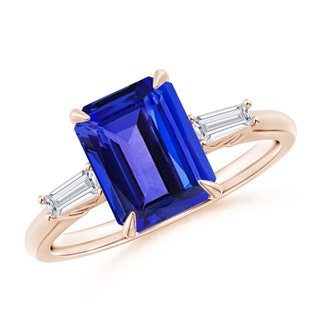 9x7mm AAAA Emerald-Cut Tanzanite & Tapered Baguette Diamond Ring in Rose Gold