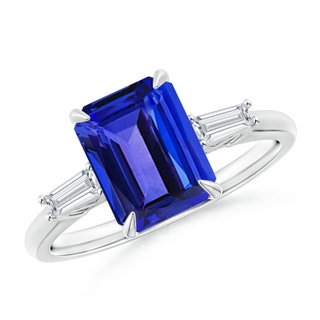 9x7mm AAAA Emerald-Cut Tanzanite & Tapered Baguette Diamond Ring in White Gold