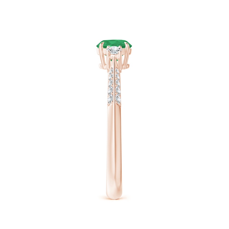 5mm A Three Stone Emerald and Diamond Knife-Edge Shank Ring in Rose Gold side 2