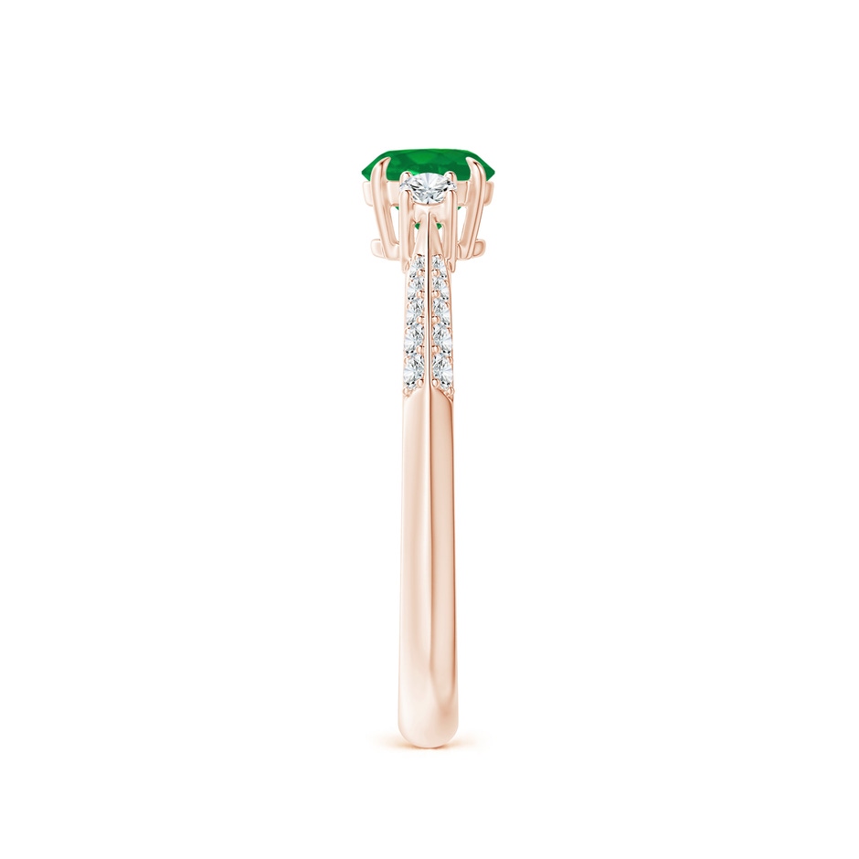 5mm AA Three Stone Emerald and Diamond Knife-Edge Shank Ring in Rose Gold side 2