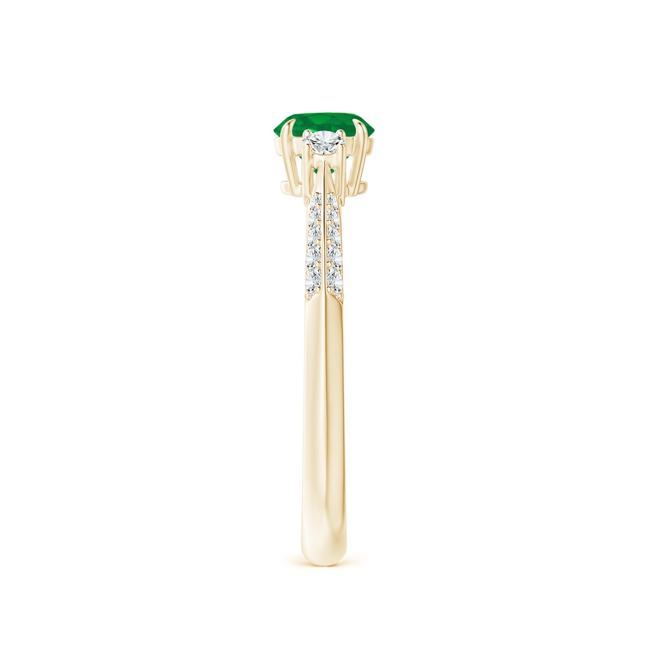 5mm AA Three Stone Emerald and Diamond Knife-Edge Shank Ring in Yellow Gold side 2