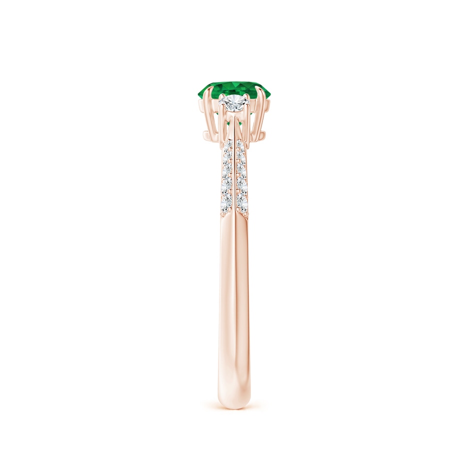 5mm AAA Three Stone Emerald and Diamond Knife-Edge Shank Ring in Rose Gold side 2