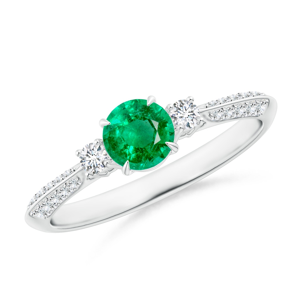 5mm AAA Three Stone Emerald and Diamond Knife-Edge Shank Ring in White Gold