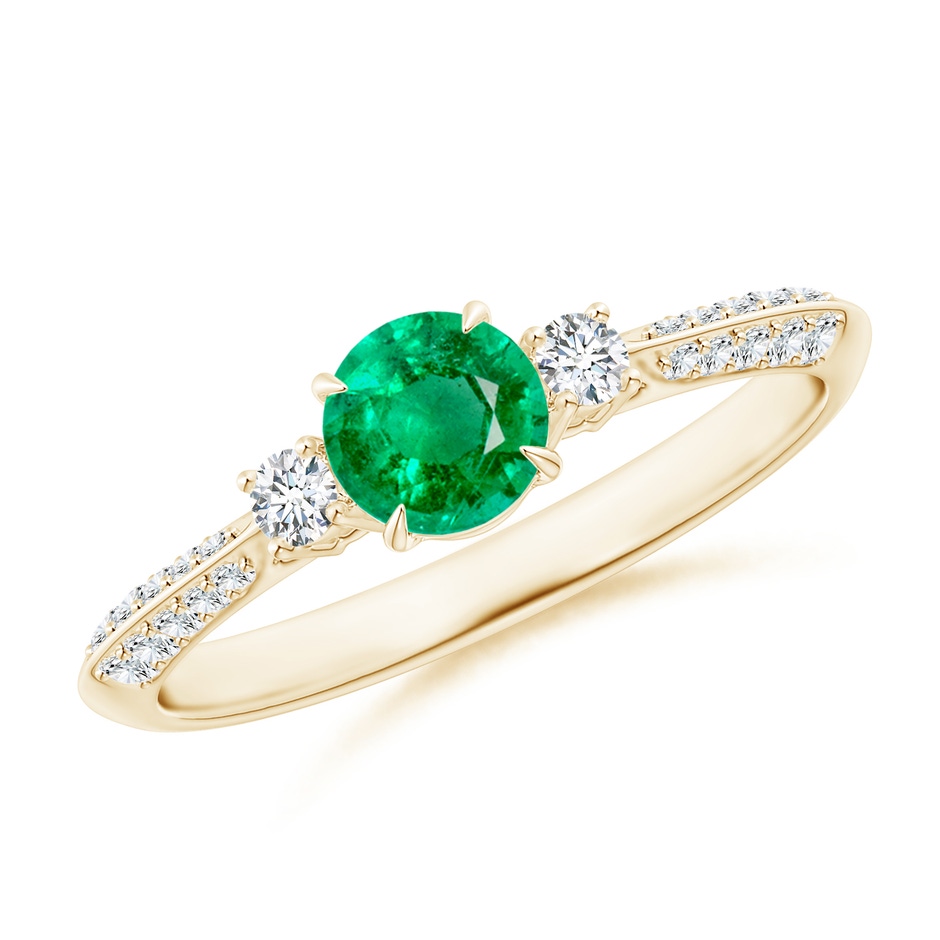 5mm AAA Three Stone Emerald and Diamond Knife-Edge Shank Ring in Yellow Gold 