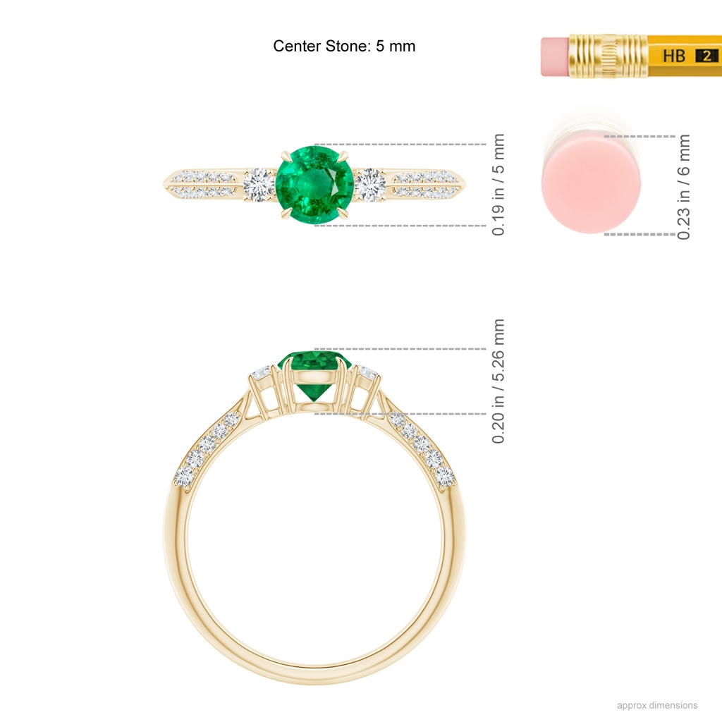 5mm AAA Three Stone Emerald and Diamond Knife-Edge Shank Ring in Yellow Gold Ruler