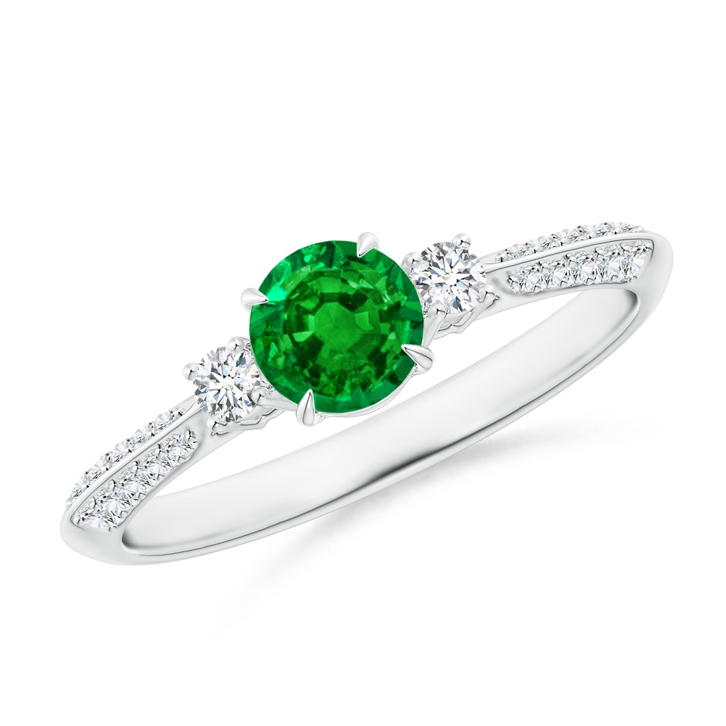 5mm AAAA Three Stone Emerald and Diamond Knife-Edge Shank Ring in P950 Platinum