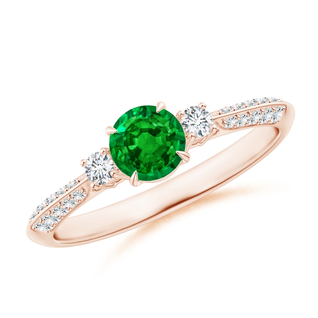 5mm AAAA Three Stone Emerald and Diamond Knife-Edge Shank Ring in Rose Gold