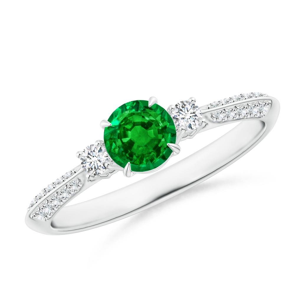 5mm AAAA Three Stone Emerald and Diamond Knife-Edge Shank Ring in White Gold