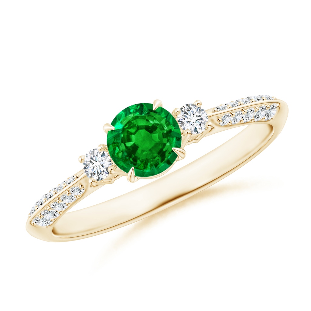 5mm Lab-Grown Three Stone Emerald and Diamond Knife-Edge Shank Ring in Yellow Gold
