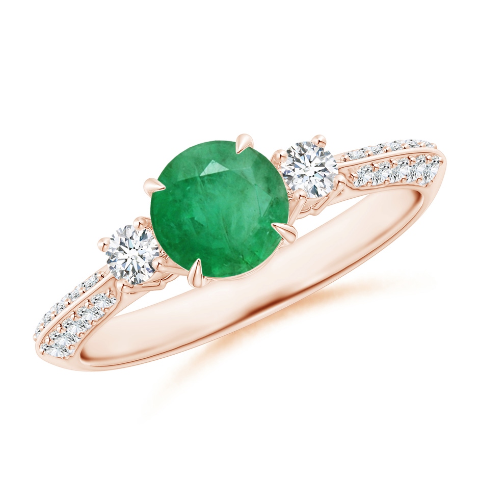 6mm A Three Stone Emerald and Diamond Knife-Edge Shank Ring in Rose Gold 