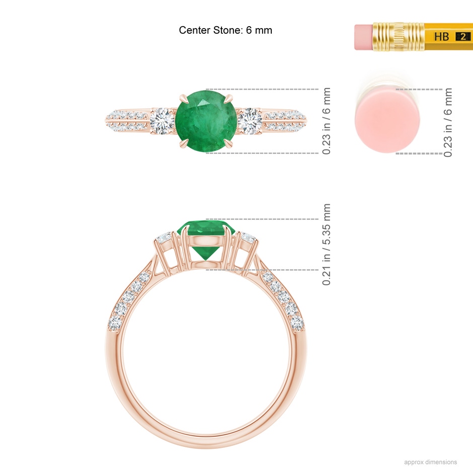 6mm A Three Stone Emerald and Diamond Knife-Edge Shank Ring in Rose Gold ruler
