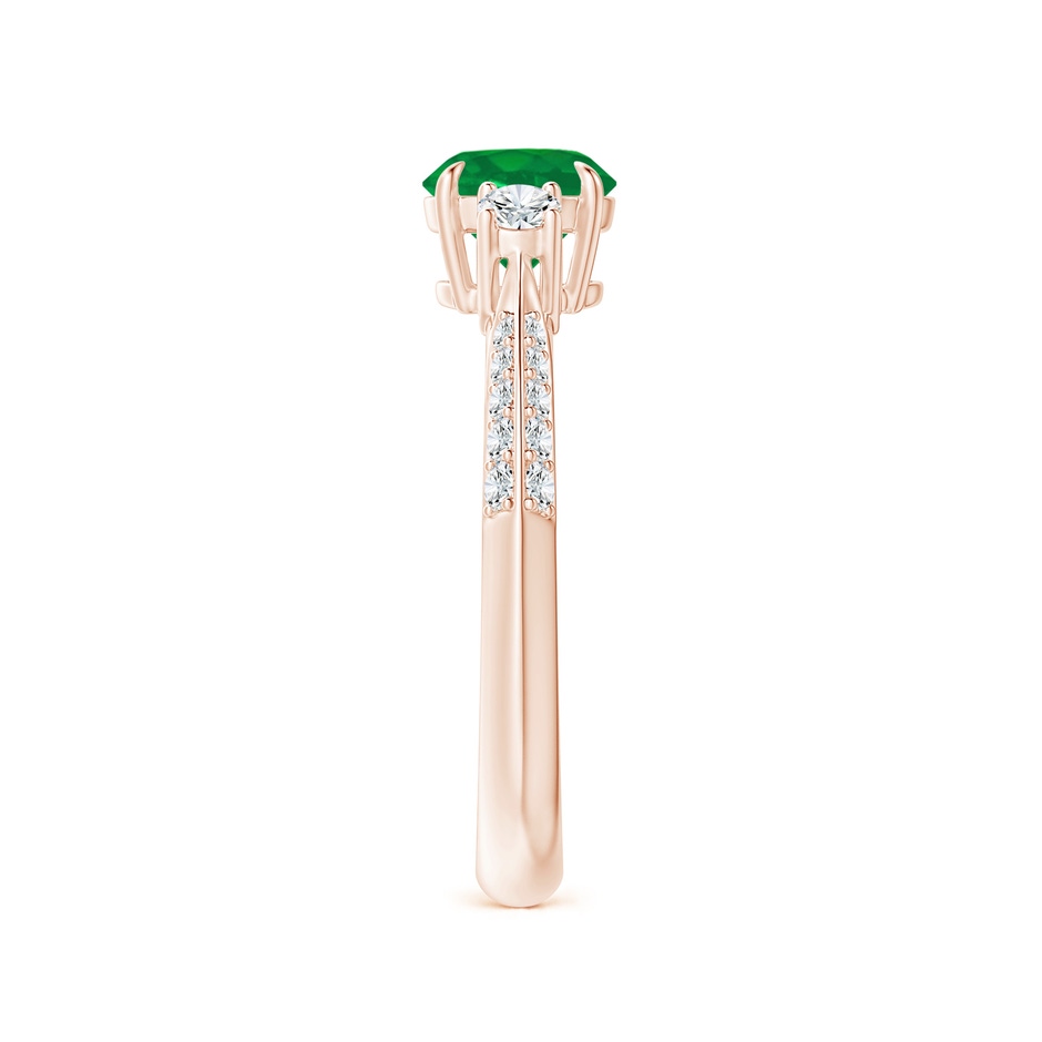 6mm AA Three Stone Emerald and Diamond Knife-Edge Shank Ring in Rose Gold side 2