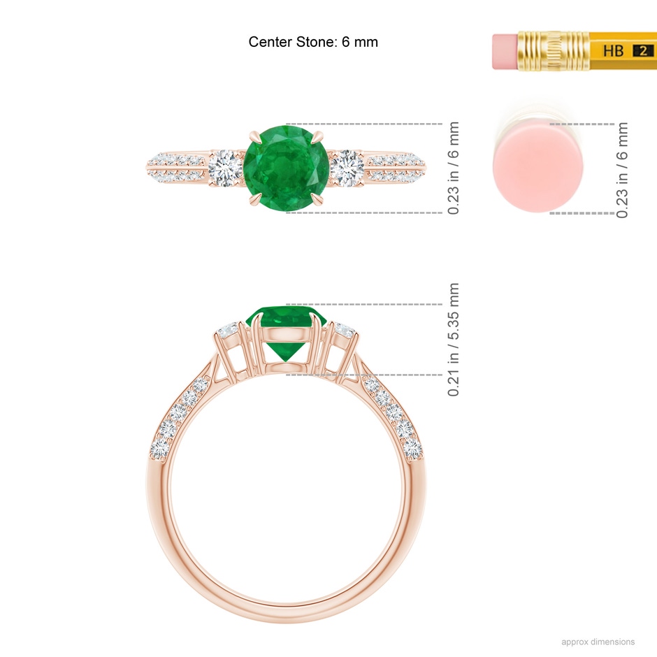 6mm AA Three Stone Emerald and Diamond Knife-Edge Shank Ring in Rose Gold ruler