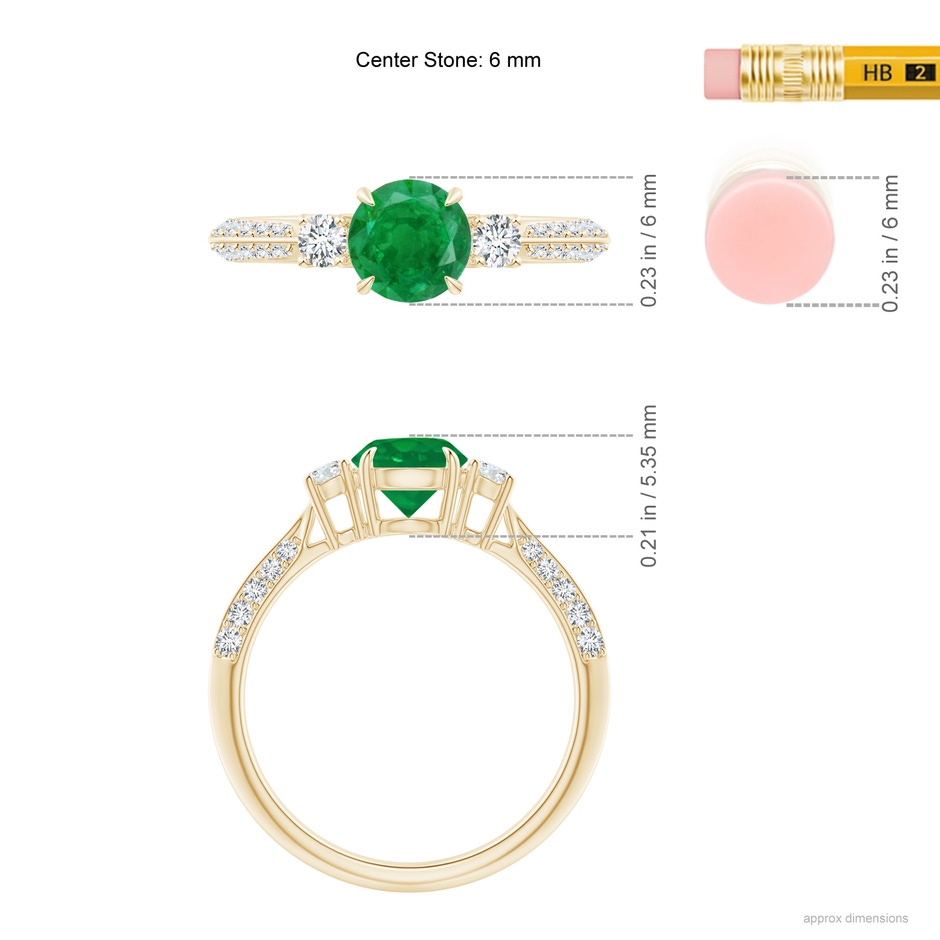 6mm AA Three Stone Emerald and Diamond Knife-Edge Shank Ring in Yellow Gold ruler