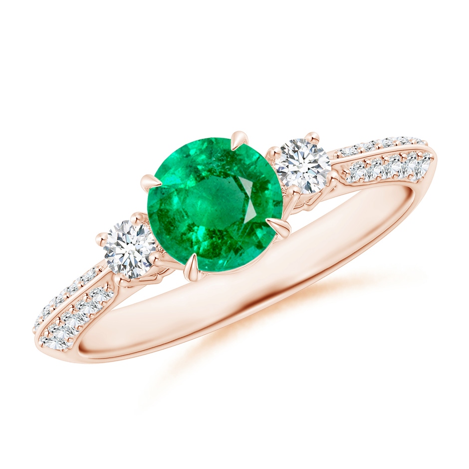 6mm AAA Three Stone Emerald and Diamond Knife-Edge Shank Ring in Rose Gold 