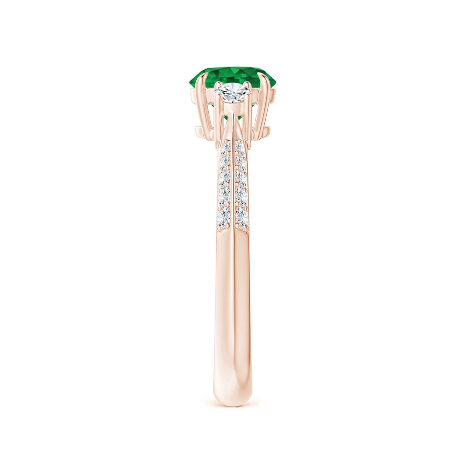 6mm AAA Three Stone Emerald and Diamond Knife-Edge Shank Ring in Rose Gold side 2