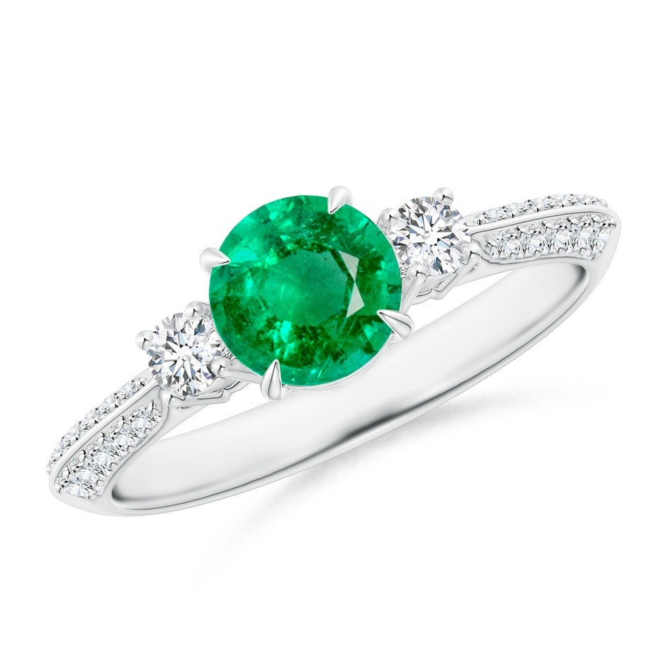 6mm AAA Three Stone Emerald and Diamond Knife-Edge Shank Ring in White Gold 