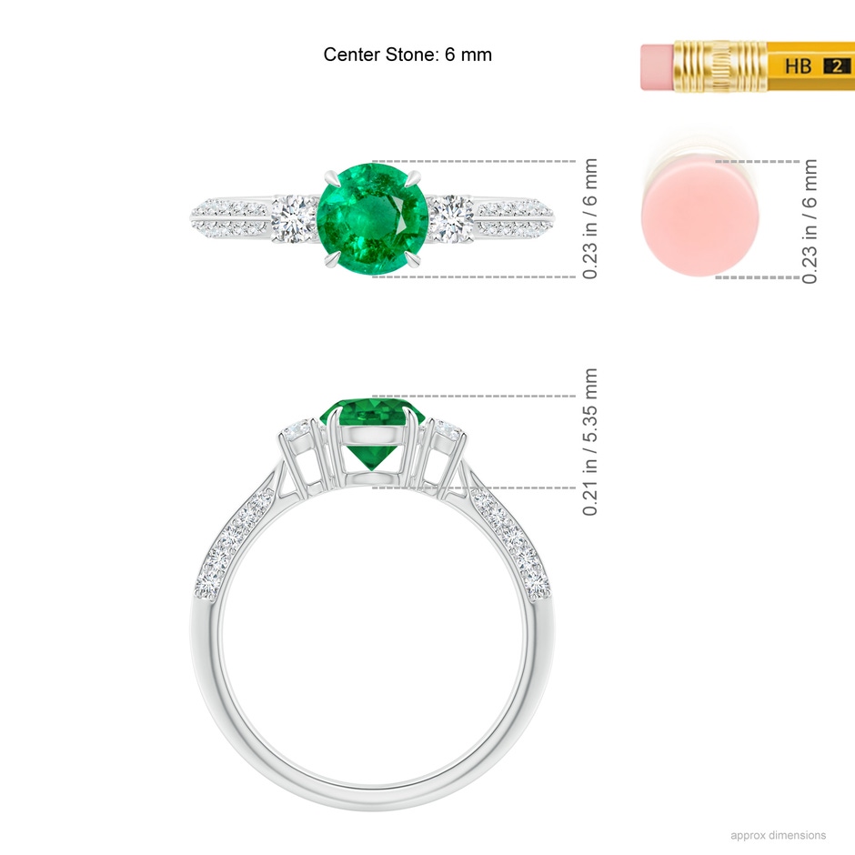 6mm AAA Three Stone Emerald and Diamond Knife-Edge Shank Ring in White Gold ruler