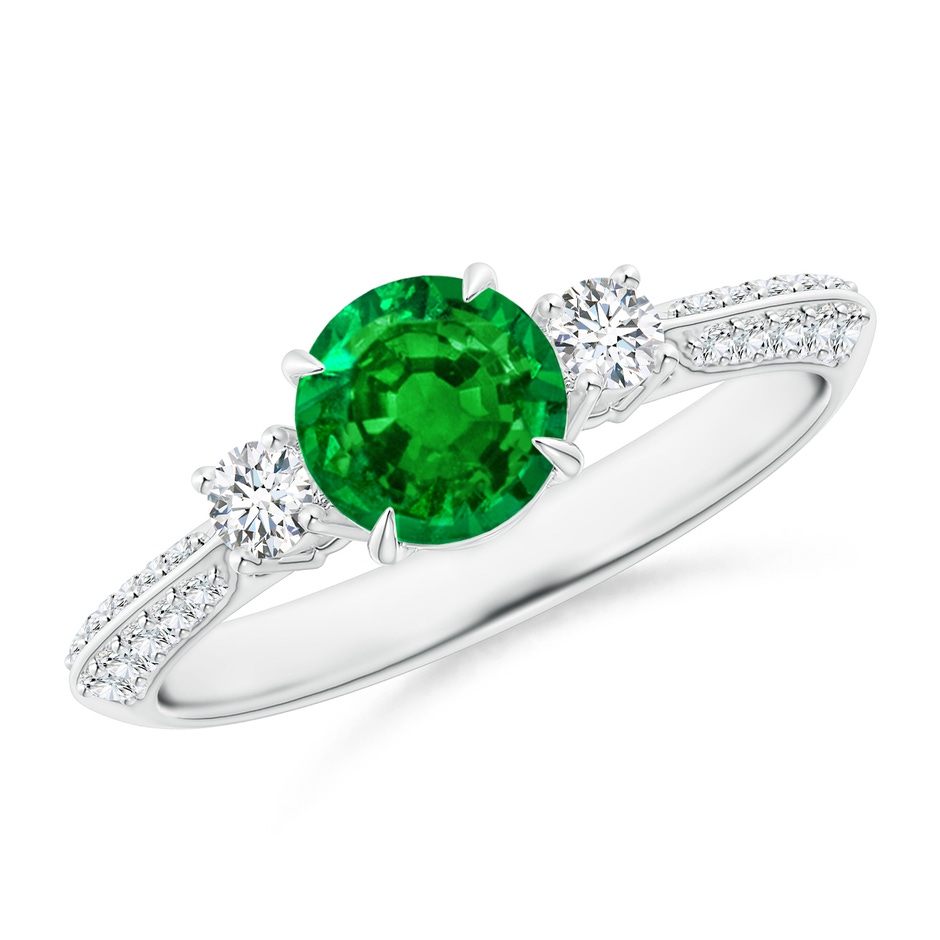 6mm AAAA Three Stone Emerald and Diamond Knife-Edge Shank Ring in White Gold 