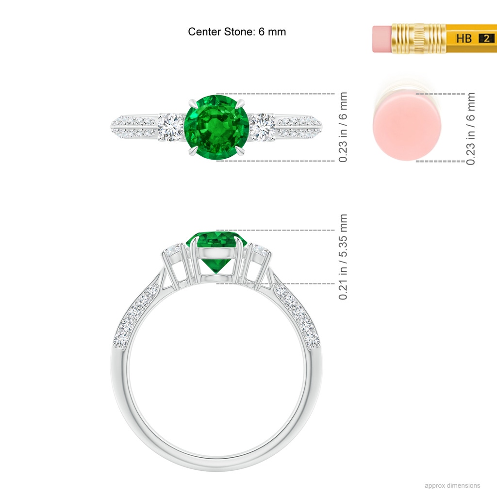 6mm AAAA Three Stone Emerald and Diamond Knife-Edge Shank Ring in White Gold Ruler