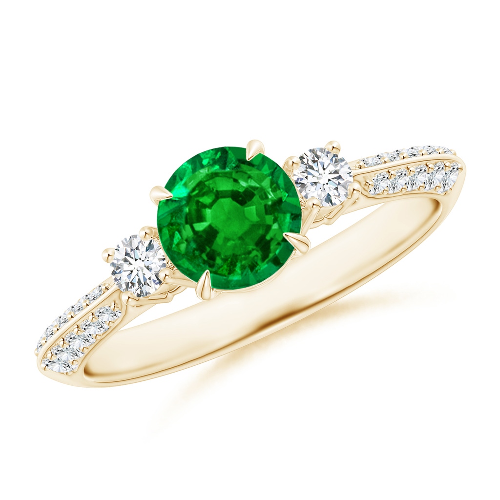 6mm Lab-Grown Three Stone Emerald and Diamond Knife-Edge Shank Ring in Yellow Gold